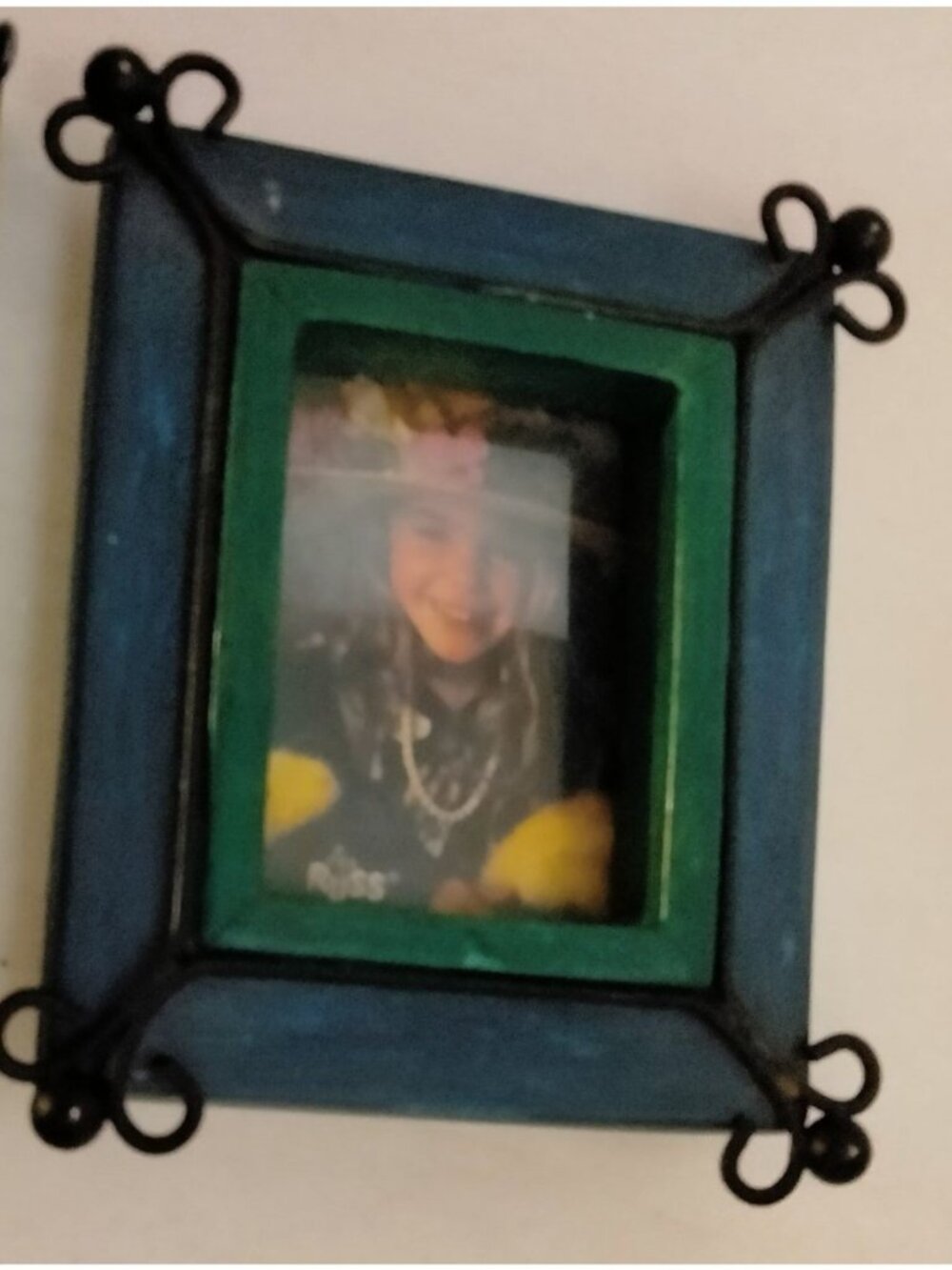 Miniature Wood Frame Blue Green Table Picture Metal Border 3 x 3